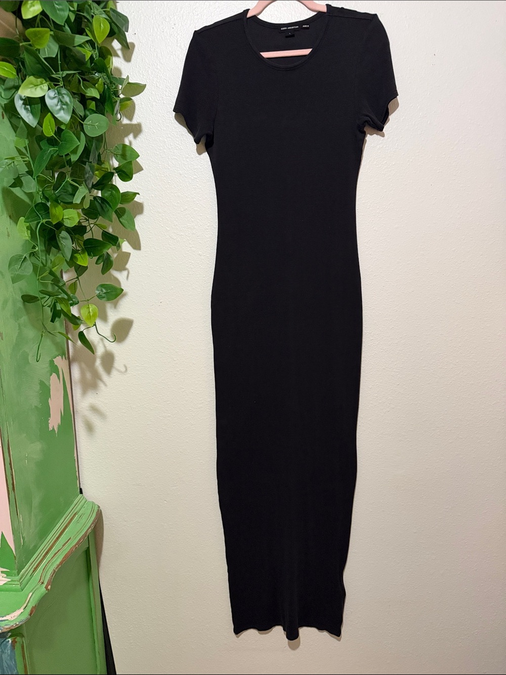 Good American Jeanius Ribbed Maxi Dress Washed Black L Tencel Short Sleeve